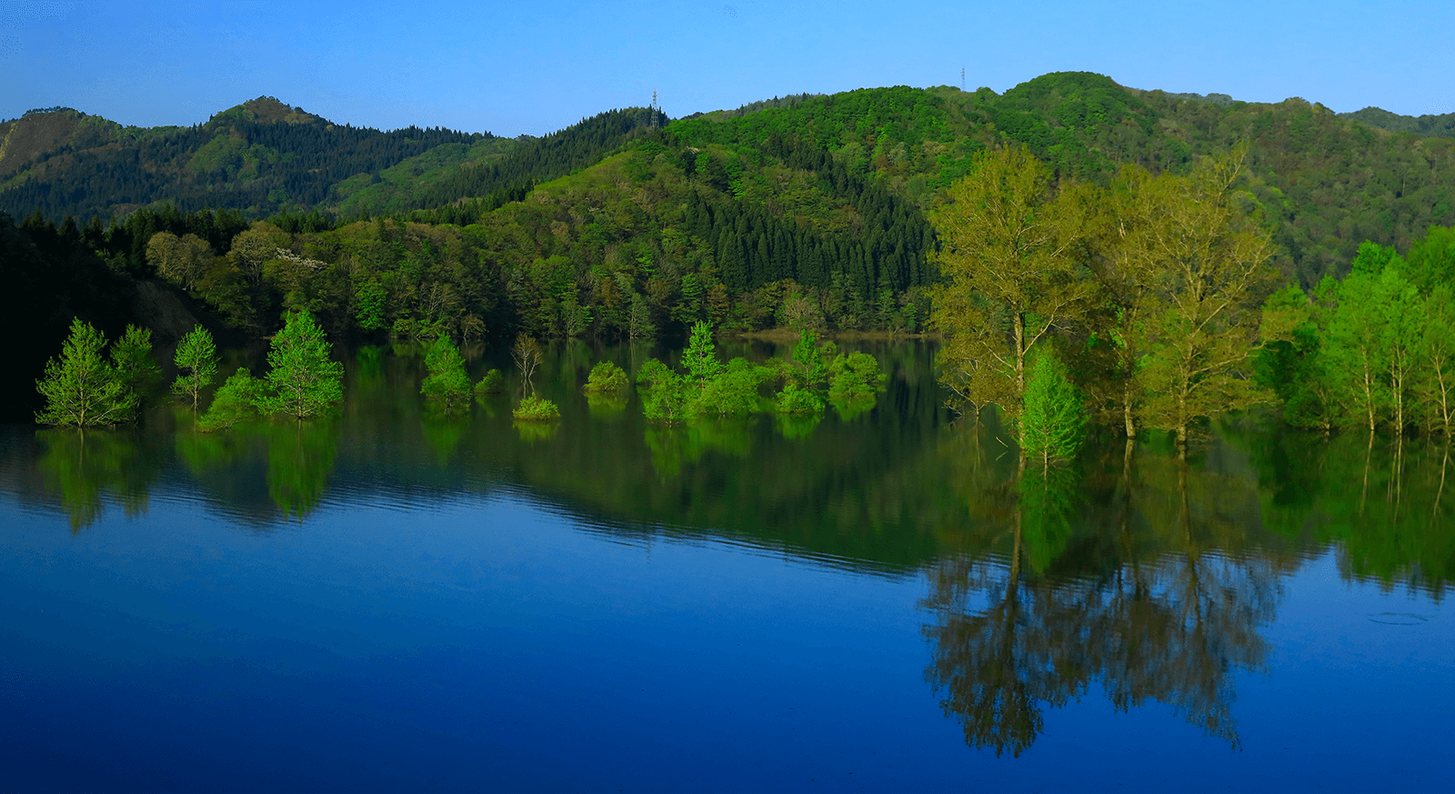 青空が水面に反射した湖と鮮やかな緑の生える山々の画像